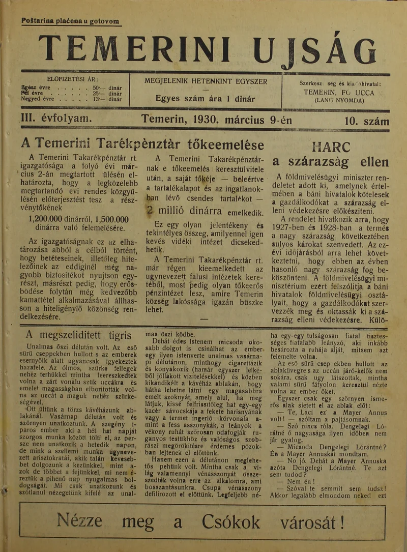 Temerini Újság 1928-1944, 3. évf. 1930. március 9. 10. sz.