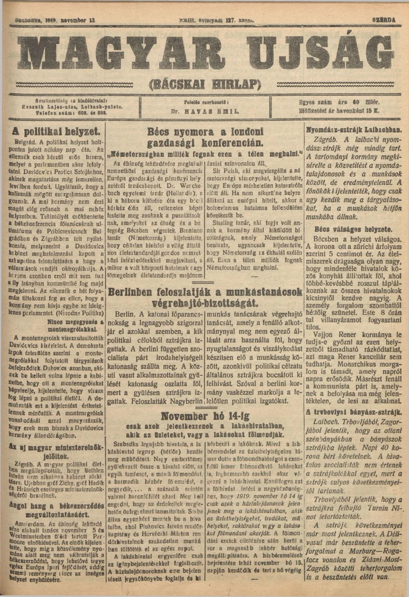 Bácskai Hirlap, 23. évf. 1919. november 12. 127. sz.