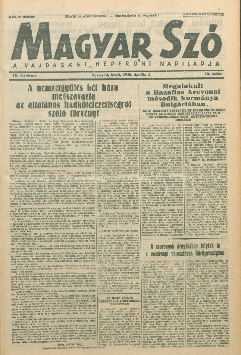 Magyar Szó, 3. évf. 1946. április 1. 78. sz. 1–6. oldal
