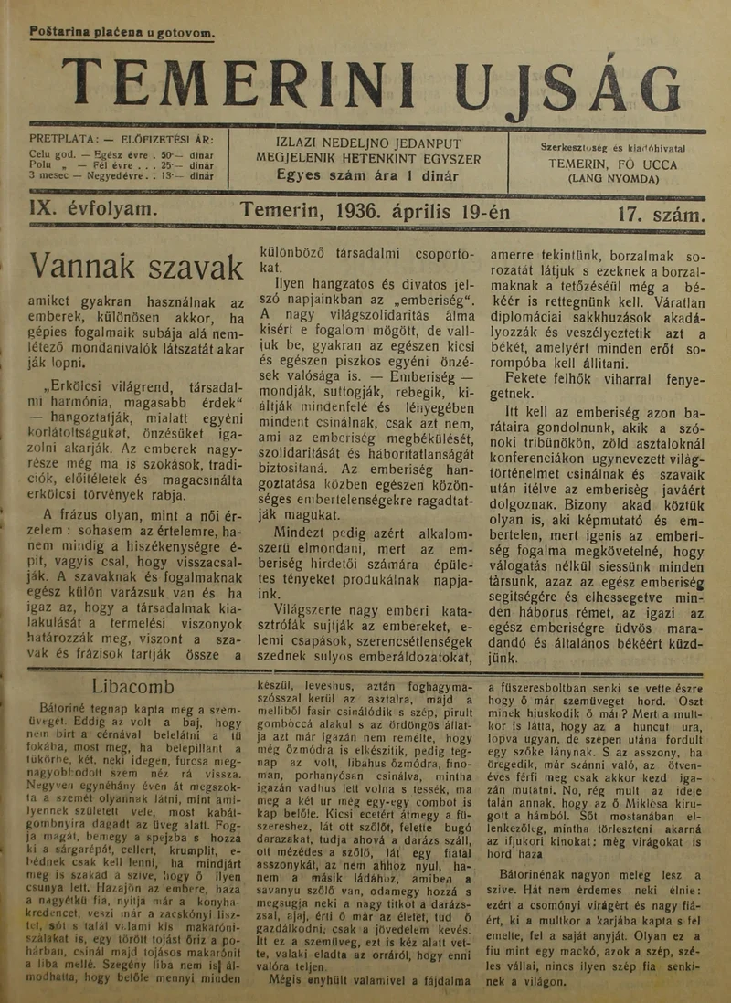 Temerini Újság 1928-1944, 9. évf. 1936. április 19. 17. sz.