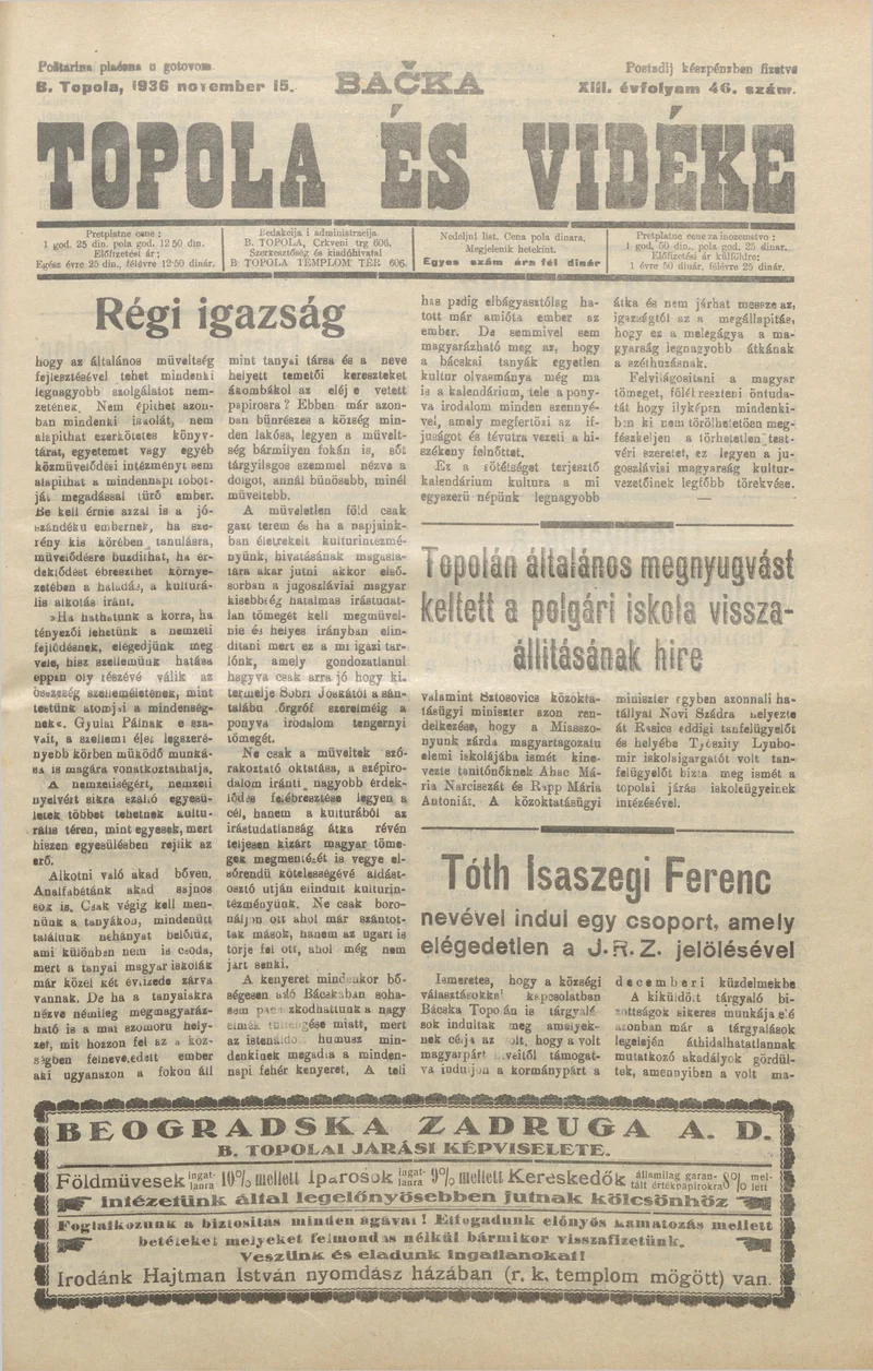 Bačka Topola és Vidéke, 13. évf. 1936. november 15. 46. sz.