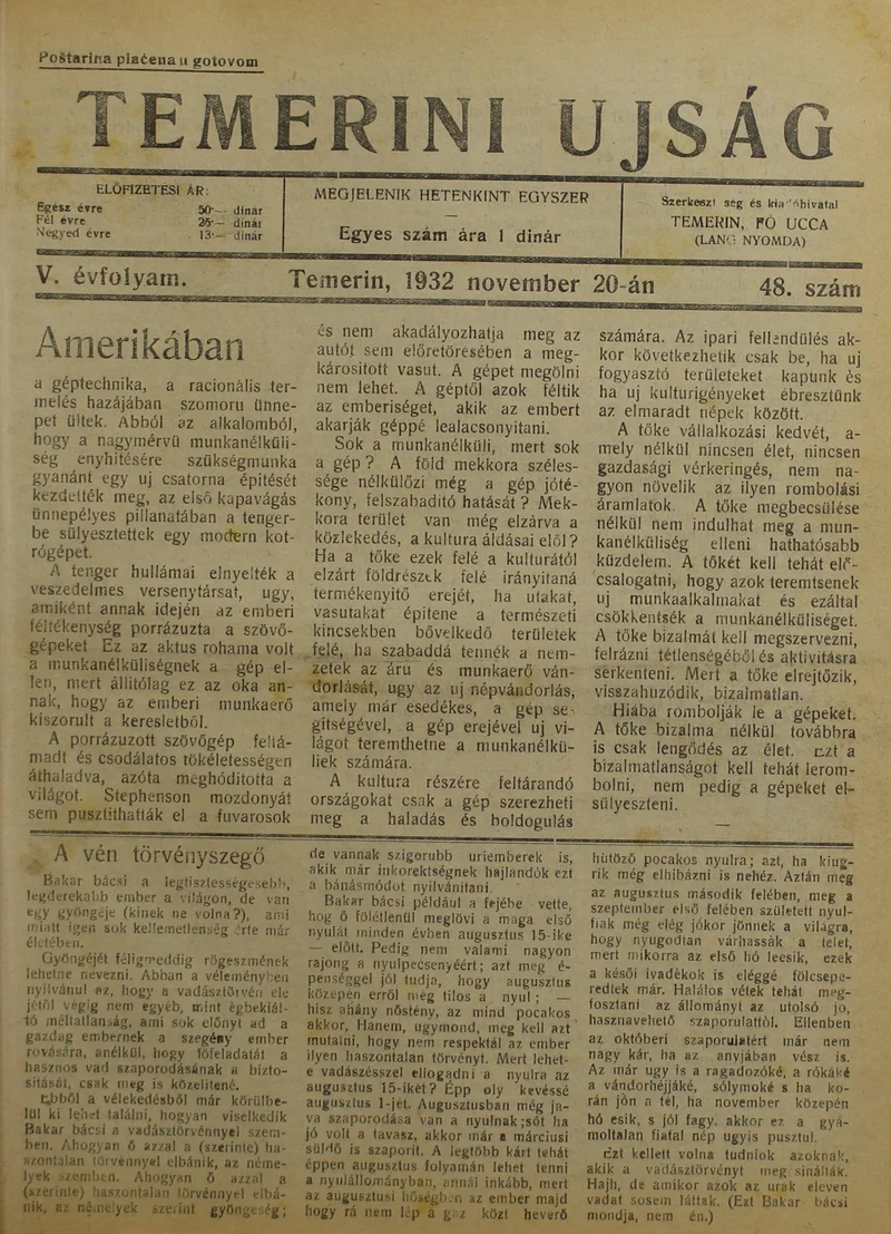 Temerini Újság 1928-1944, 5. évf. 1932. november 20. 48. sz.