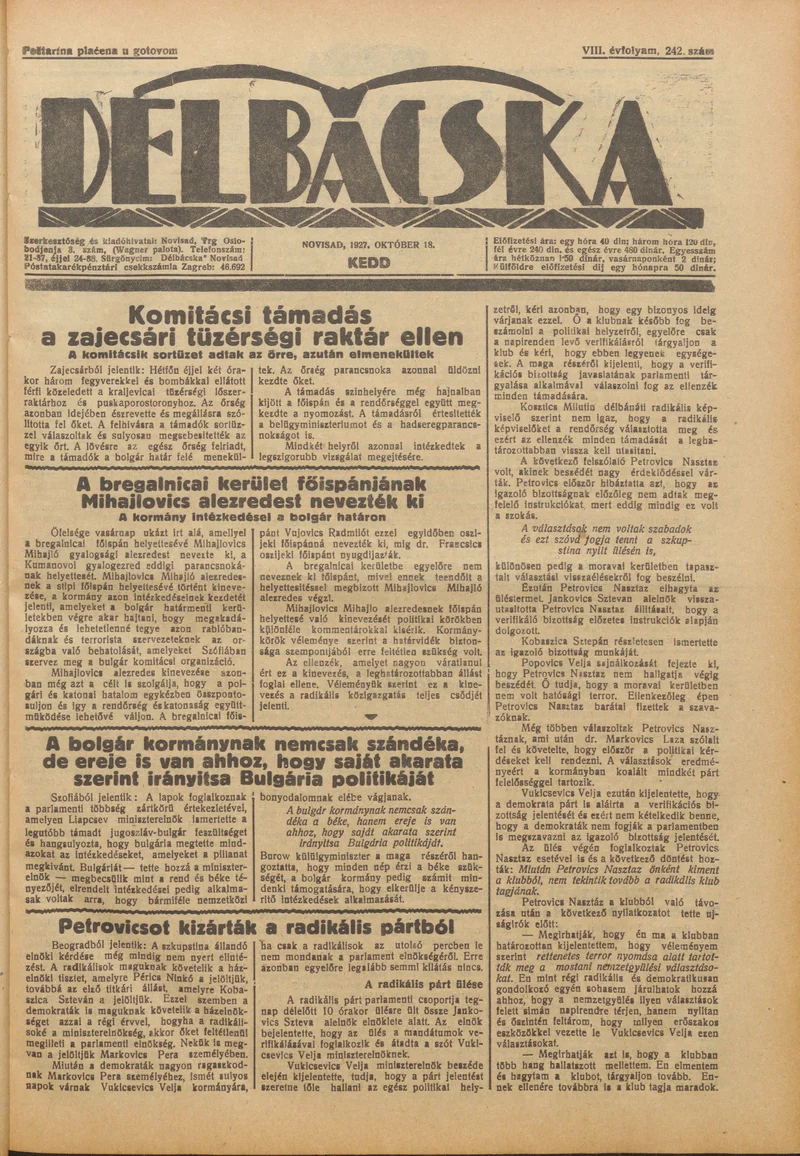 Délbácska, 8. évf. 1927. október 18. 242. sz.