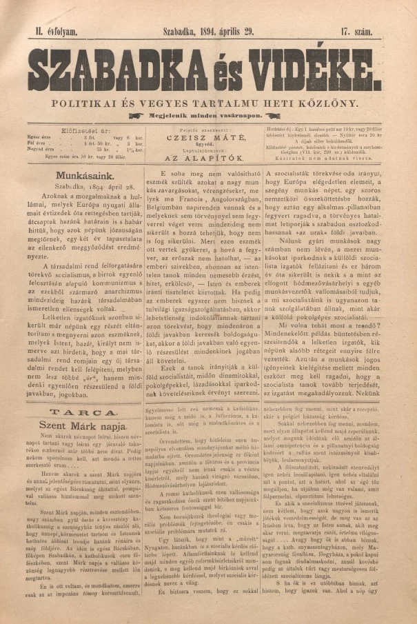 Szabadka és vidéke II, 2. évf. 1894. április 29. 17. sz.