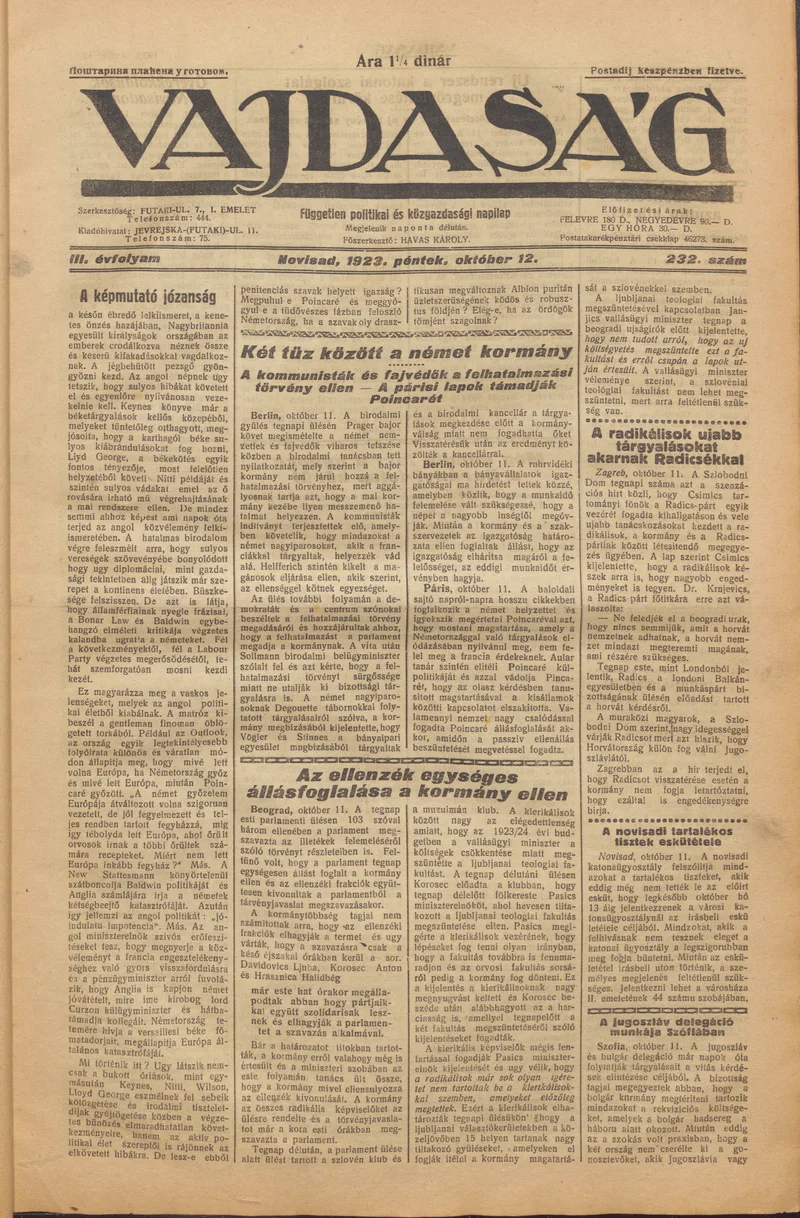 Vajdaság, 3. évf. 1923. október 12. 232. sz.
