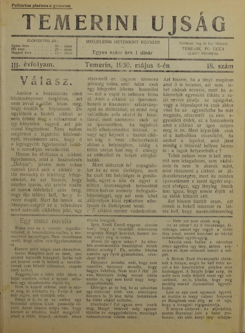 Temerini Újság 1928-1944, 3. évf. 1930. május 4. 18. sz.