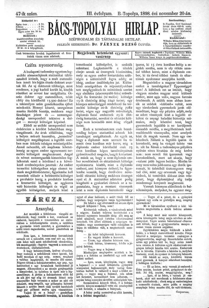 Bács-Topolyai Hirlap, 3. évf. 1898. november 20. 47. sz.