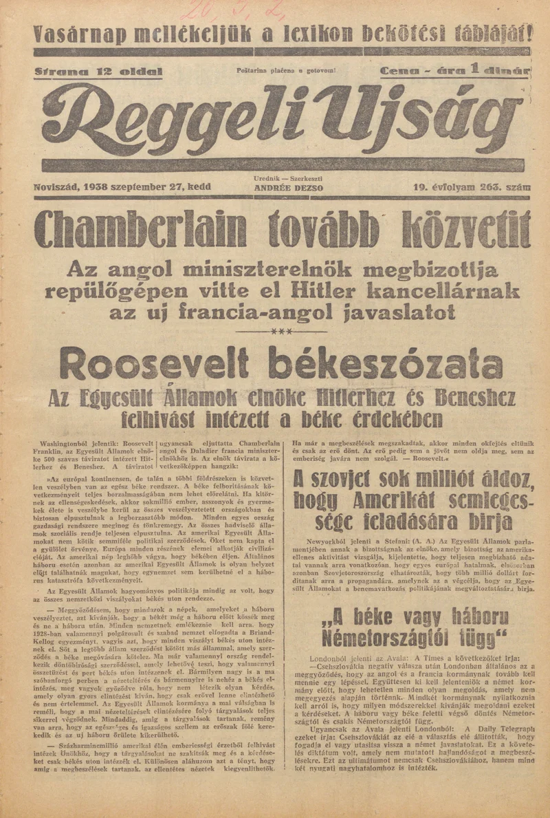 Reggeli Újság, 19. évf. 1938. szeptember 27. 263. sz.