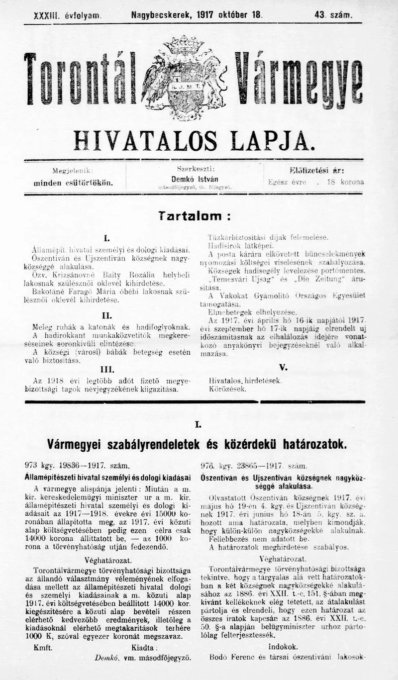 Torontál Vármegye Hivatalos Lapja, 33. évf. 1917. október 18. 43. sz.