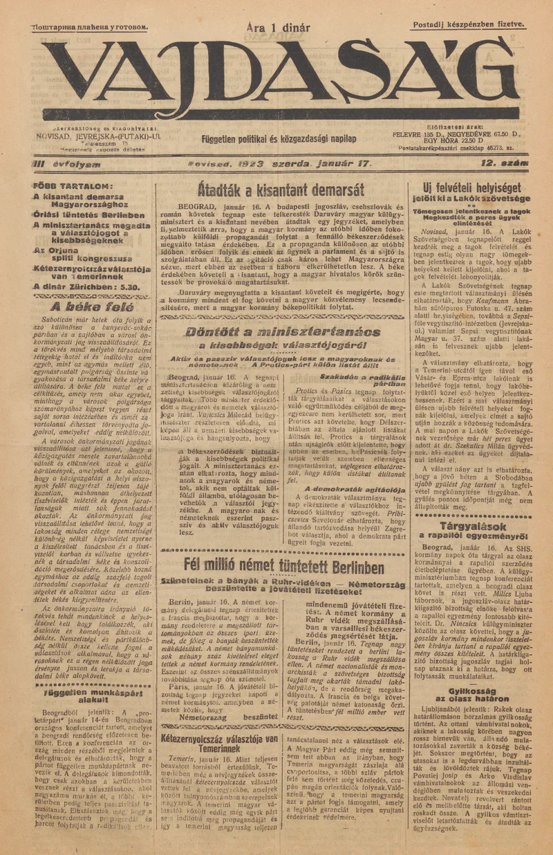Vajdaság, 3. évf. 1923. január 17. 12. sz.