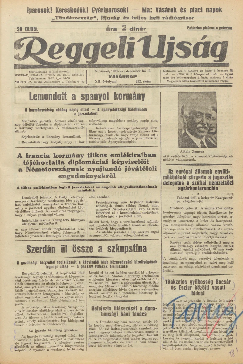 Reggeli Újság, 12. évf. 1931. december 13. 292. sz.