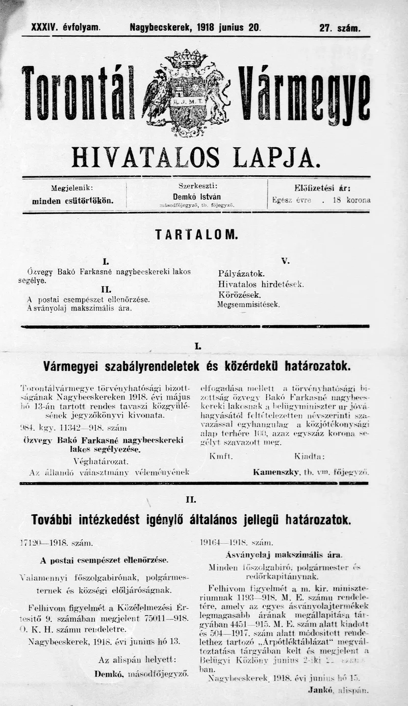 Torontál Vármegye Hivatalos Lapja, 34. évf. 1918. június 20. 27. sz.
