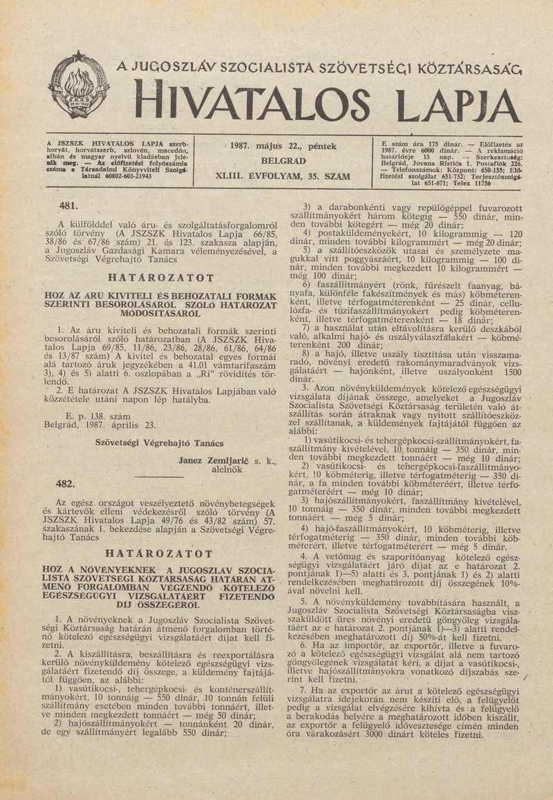 A Jugoszláv Szocialista Szövetségi Köztársaság Hivatalos Lapja, 43. évf. 1987. május 22. 35. sz. 885–904. oldal