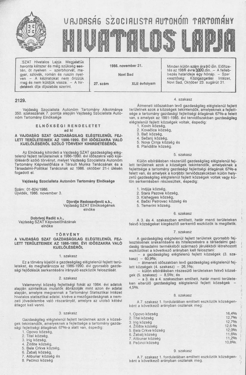 Vajdaság Szocialista Autonóm Tartomány Hivatalos Lapja, 42. évf. 1986. november 21. 27. sz.