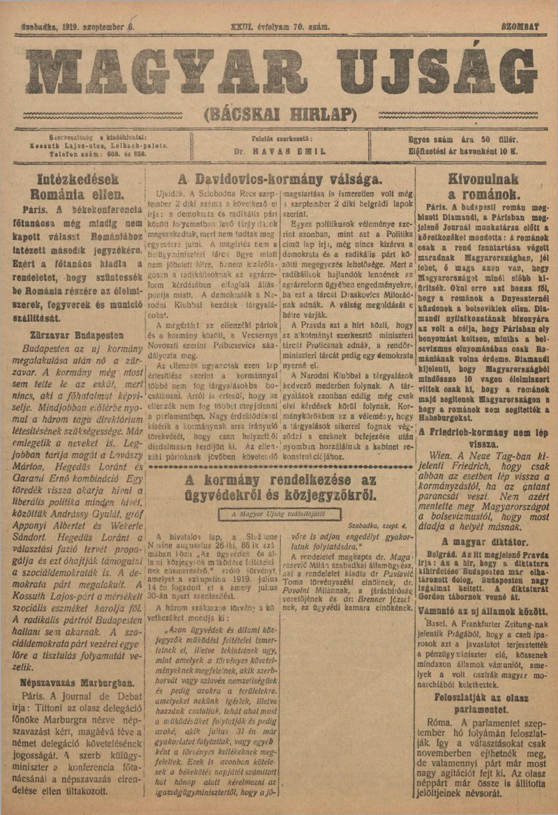 Bácskai Hirlap, 23. évf. 1919. szeptember 5. 70. sz.
