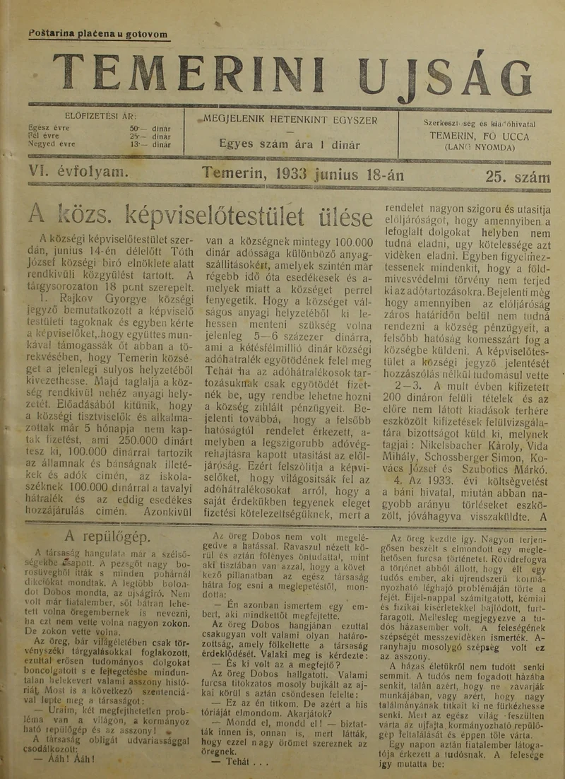 Temerini Újság 1928-1944, 6. évf. 1933. június 18. 25. sz.