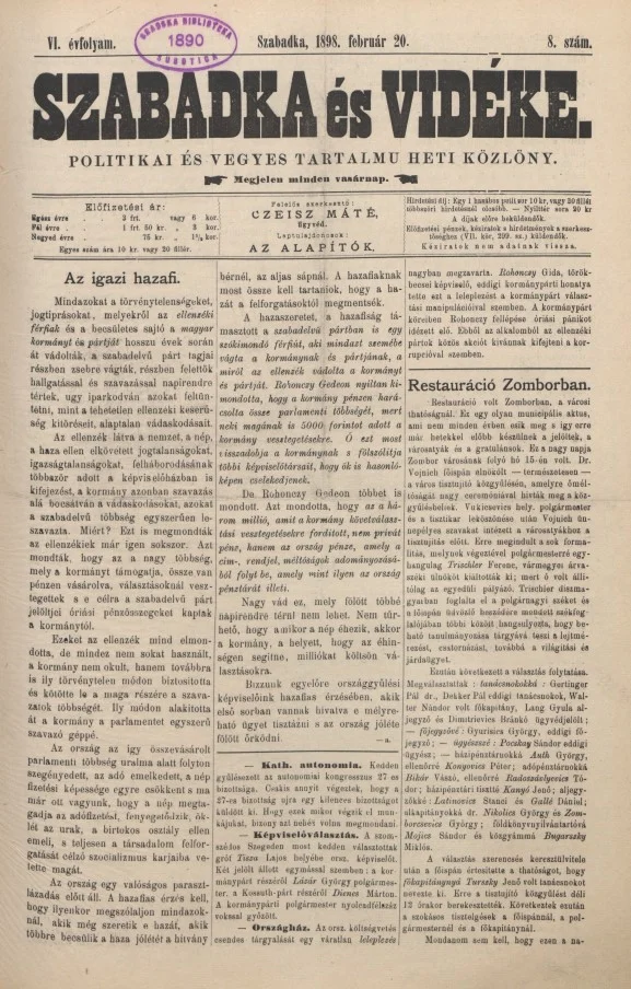 Szabadka és vidéke II, 6. évf. 1898. február 20. 8. sz.