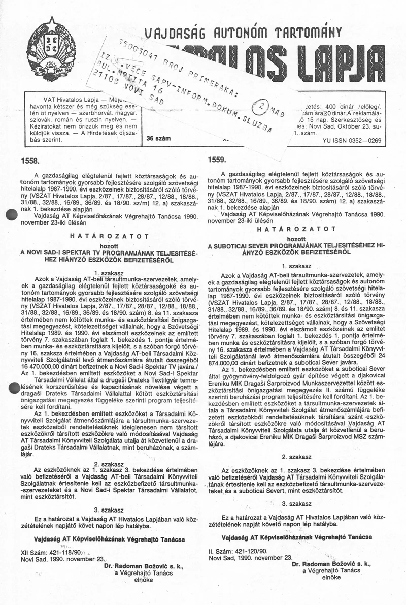 Vajdaság Szocialista Autonóm Tartomány Hivatalos Lapja, 46. évf. 1990. december 22. 36. sz.