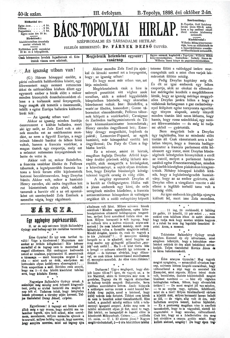 Bács-Topolyai Hirlap, 3. évf. 1898. október 2. 40. sz.