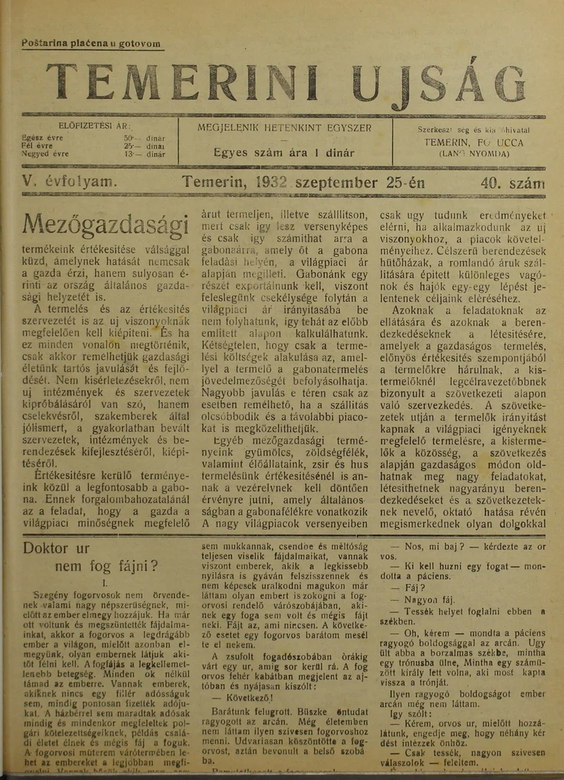 Temerini Újság 1928-1944, 5. évf. 1932. szeptember 25. 40. sz.