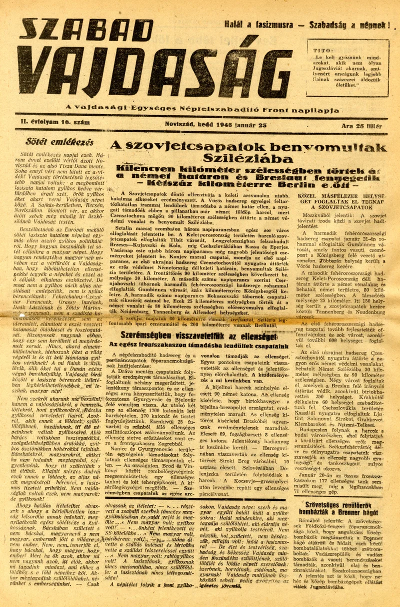 Szabad Vajdaság, 2. évf. 1945. január 23. 16. sz.