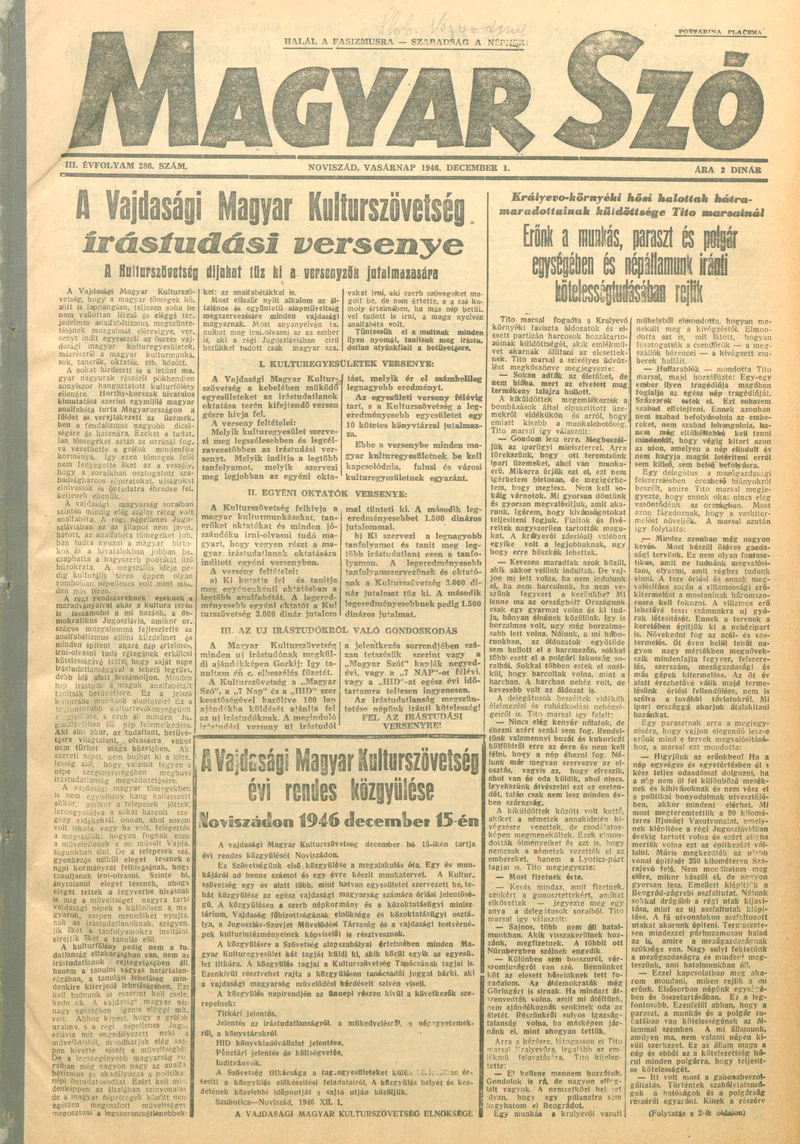 Magyar Szó, 3. évf. 1946. december 1. 286. sz. 1–8. oldal