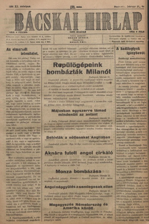 Bácskai Hirlap, 20. évf. 1916. február 15. 71. sz.