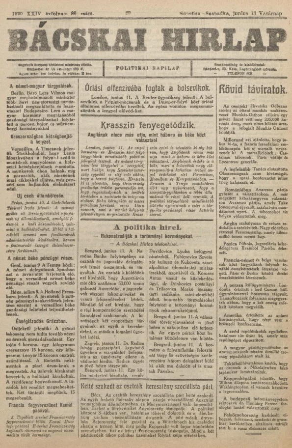 Bácskai Hirlap, 24. évf. 1920. június 13. 86. sz.