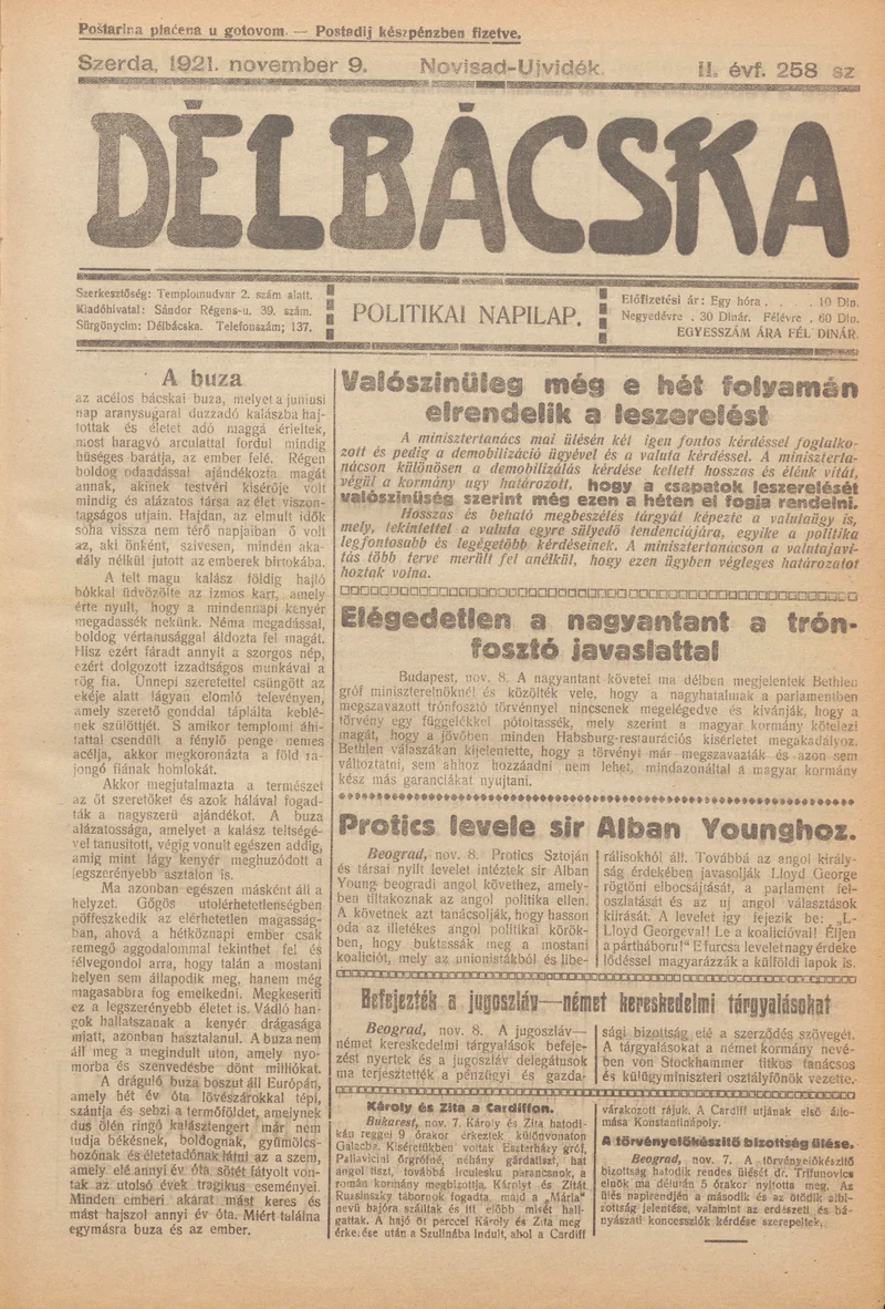 Délbácska, 2. évf. 1921. november 9. 258. sz.