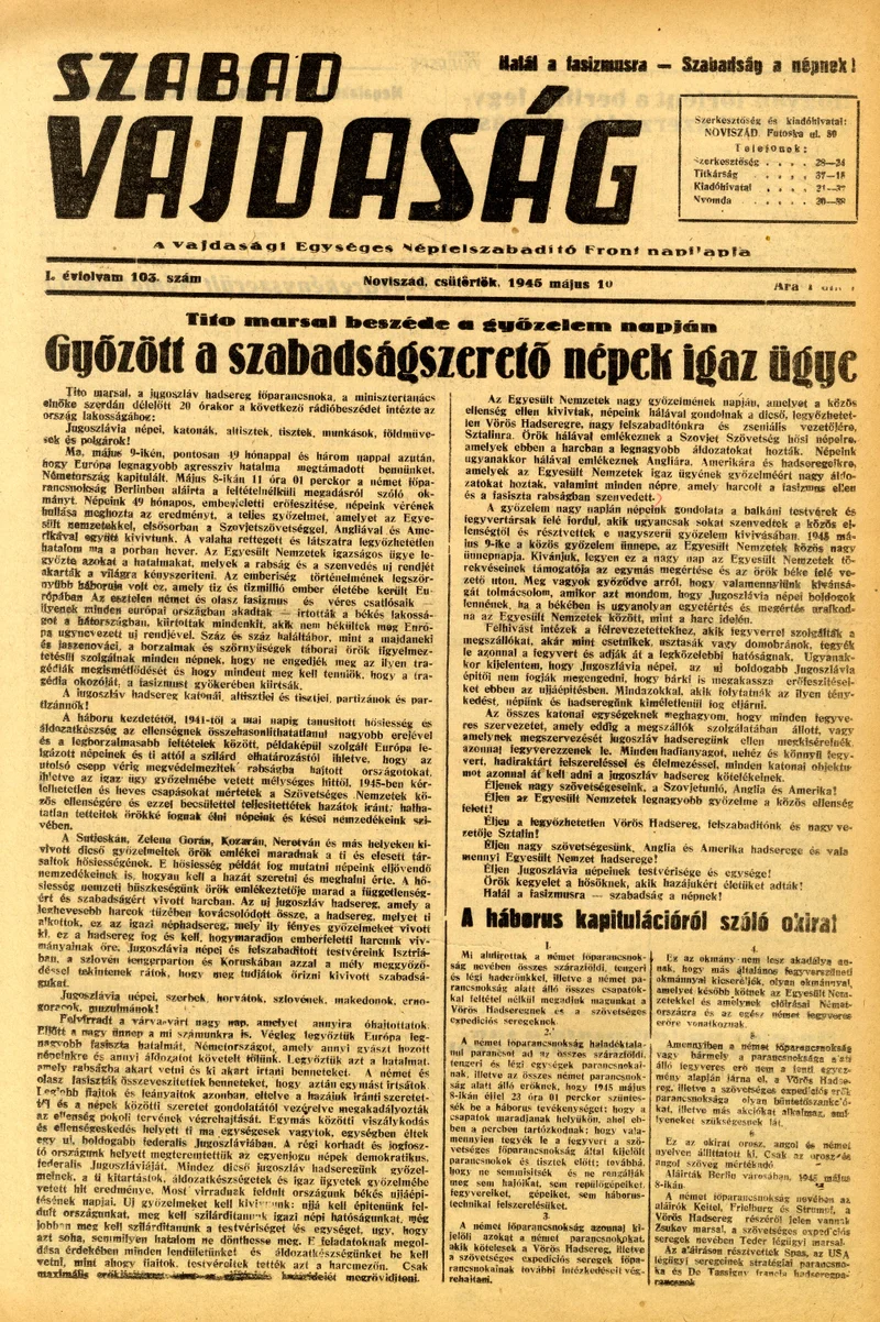 Szabad Vajdaság, 2. évf. 1945. május 10. 103. sz.