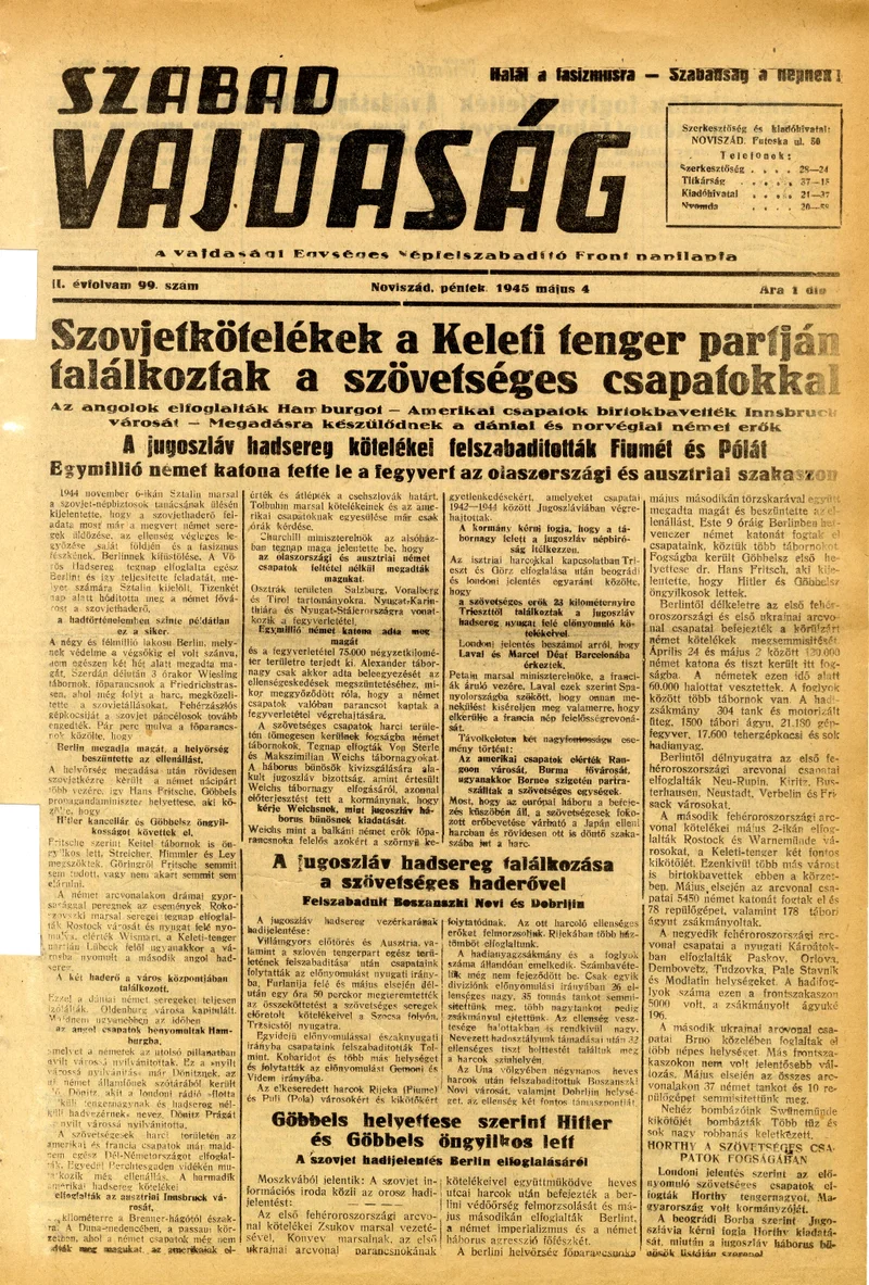 Szabad Vajdaság, 2. évf. 1945. május 4. 99. sz.