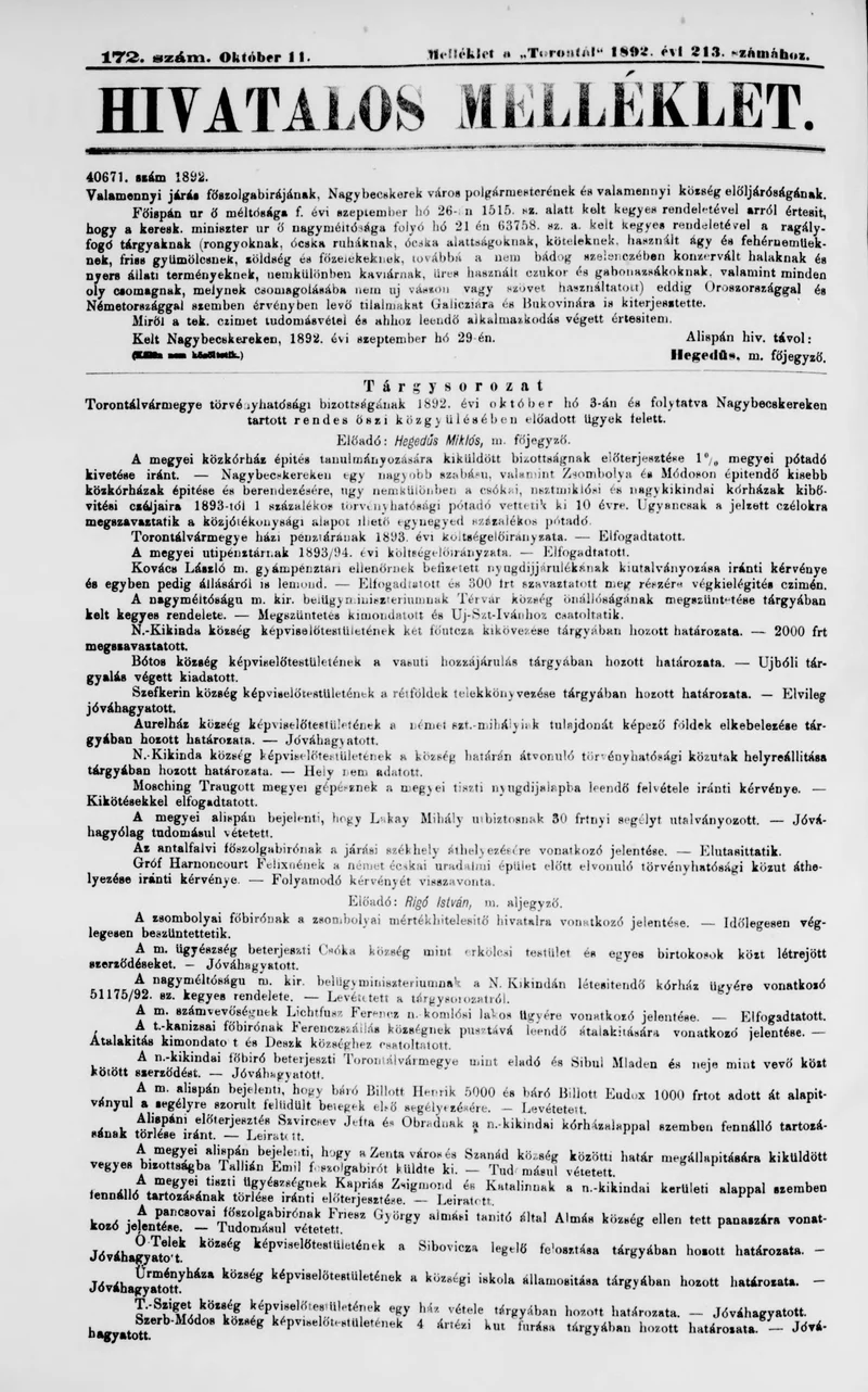 A Totontál  hivatalos melléklete, 5. évf. 1892. október 11. 172. sz.