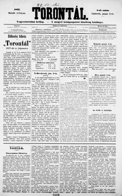 Torontál, 6. évf. 1877. január 4. 1. sz.