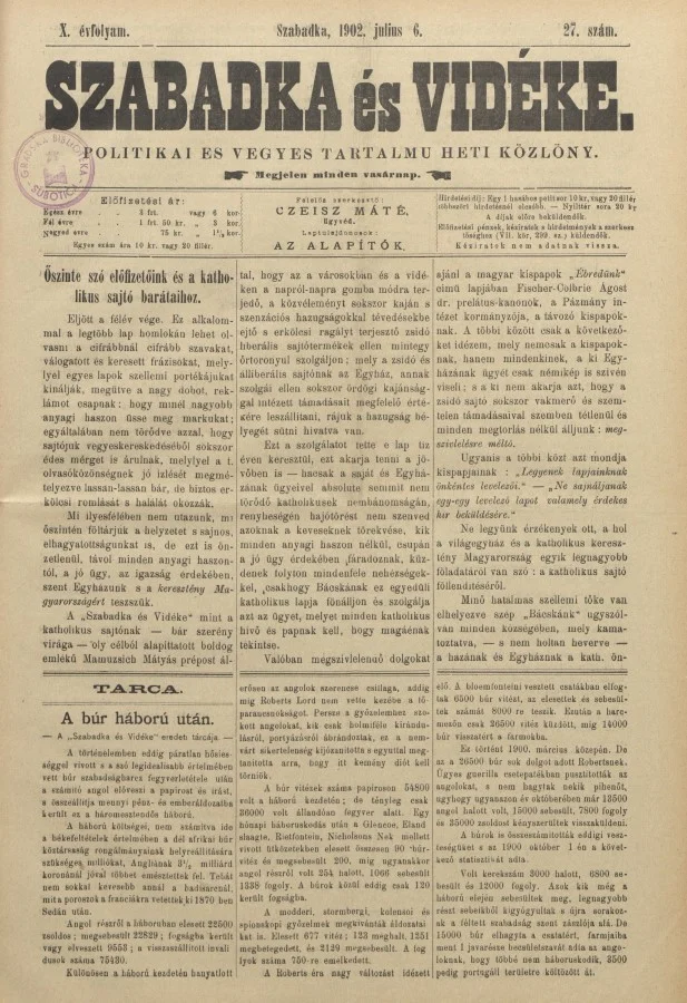 Szabadka és vidéke II, 10. évf. 1902. július 6. 27. sz.
