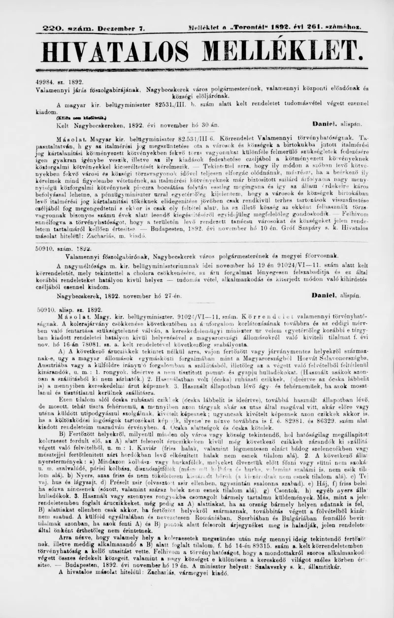 A Totontál  hivatalos melléklete, 5. évf. 1892. december 7. 220. sz.