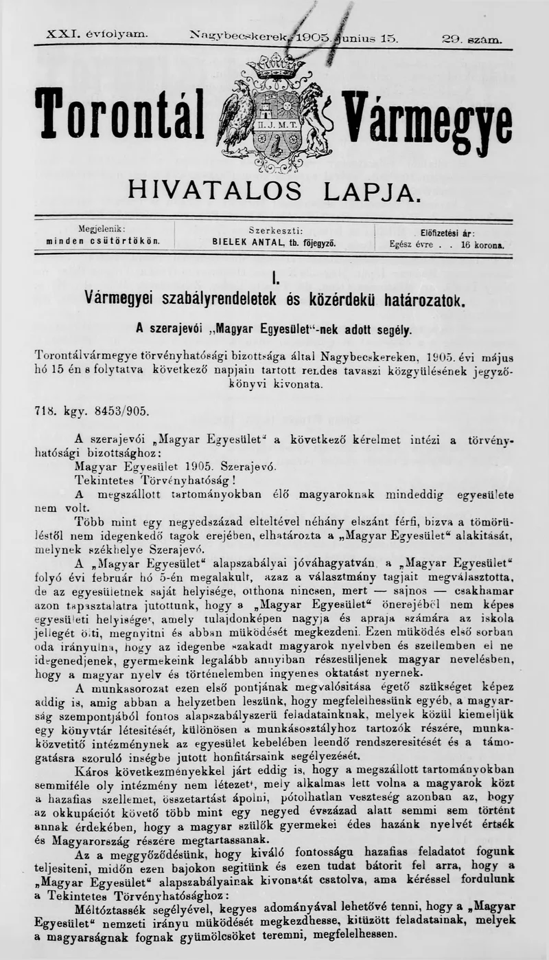 Torontál Vármegye Hivatalos Lapja, 21. évf. 1905. június 15. 29. sz.