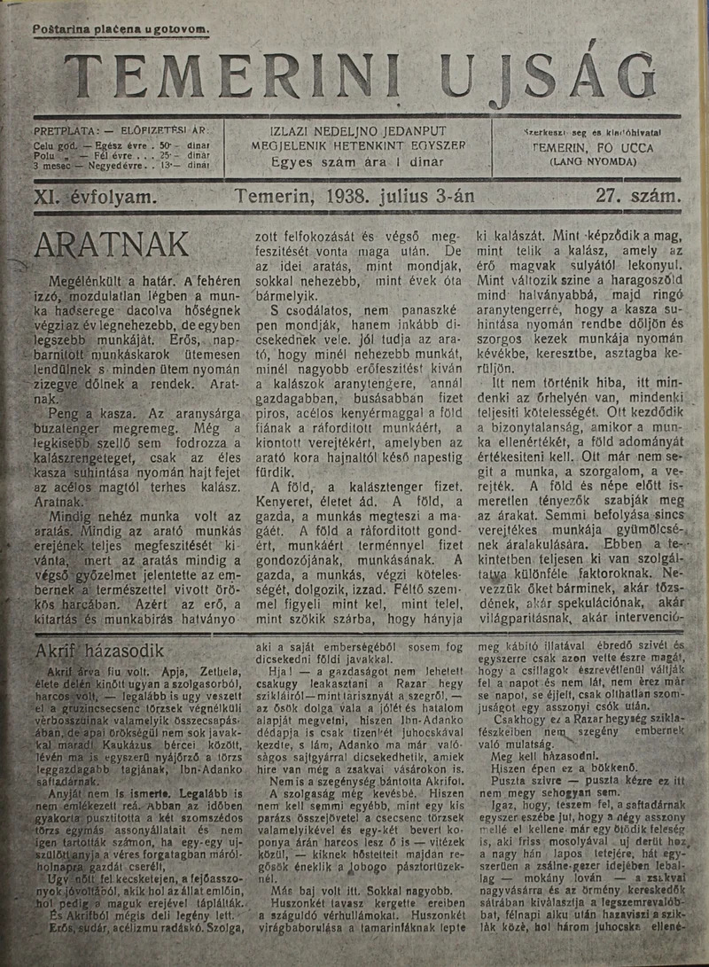 Temerini Újság 1928-1944, 11. évf. 1938. július 3. 27. sz.