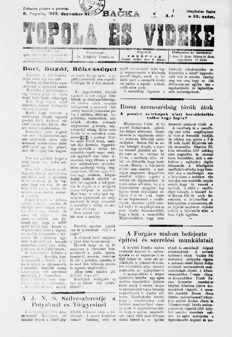 Bačka Topola és Vidéke, 10. évf. 1933. december 31. 53. sz.