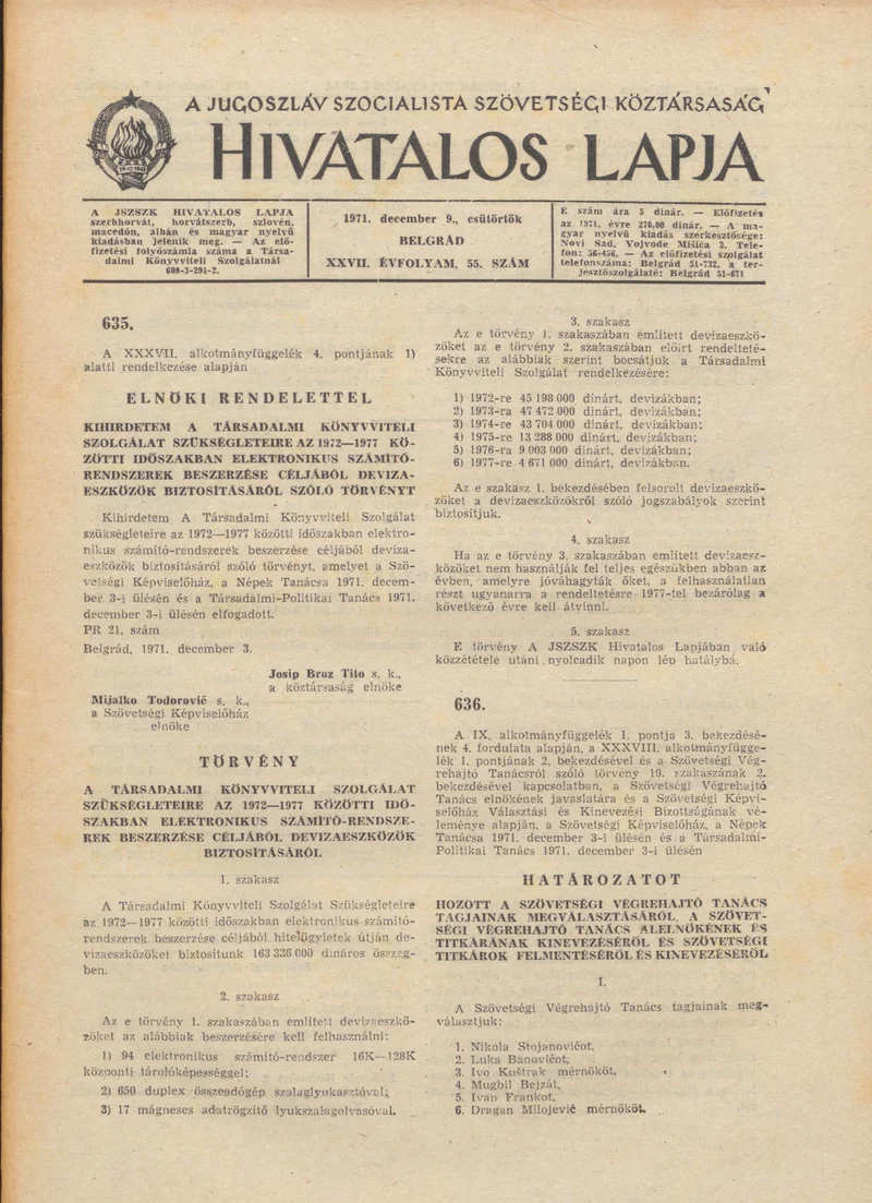 A Jugoszláv Szocialista Szövetségi Köztársaság Hivatalos Lapja, 27. évf. 1971. december 9. 55. sz. 1033–1040. oldal