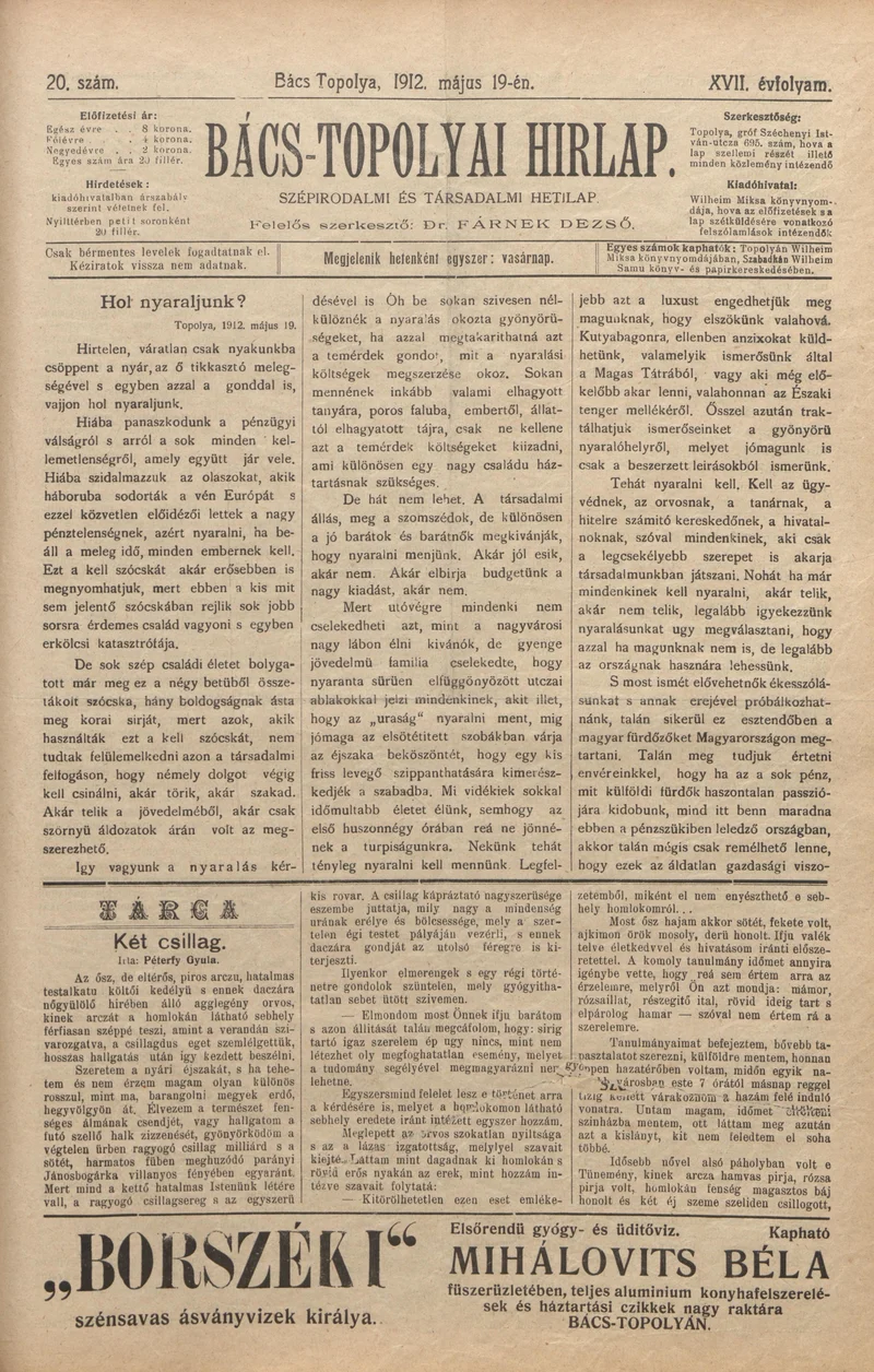 Bács-Topolyai Hirlap, 17. évf. 1912. május 19. 20. sz.