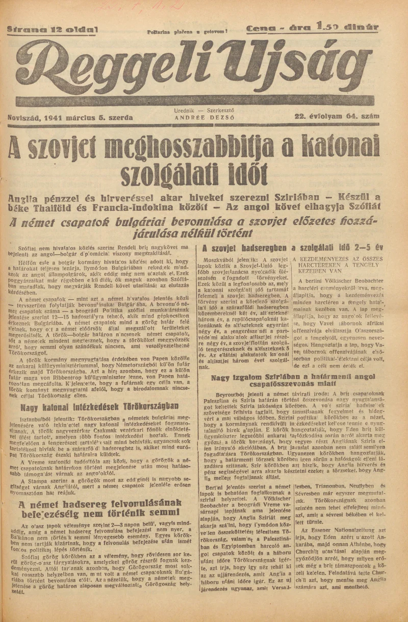 Reggeli Újság, 22. évf. 1941. március 5. 64. sz.
