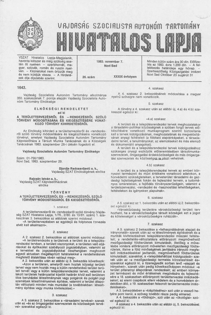 Vajdaság Szocialista Autonóm Tartomány Hivatalos Lapja, 39. évf. 1983. november 7. 26. sz.