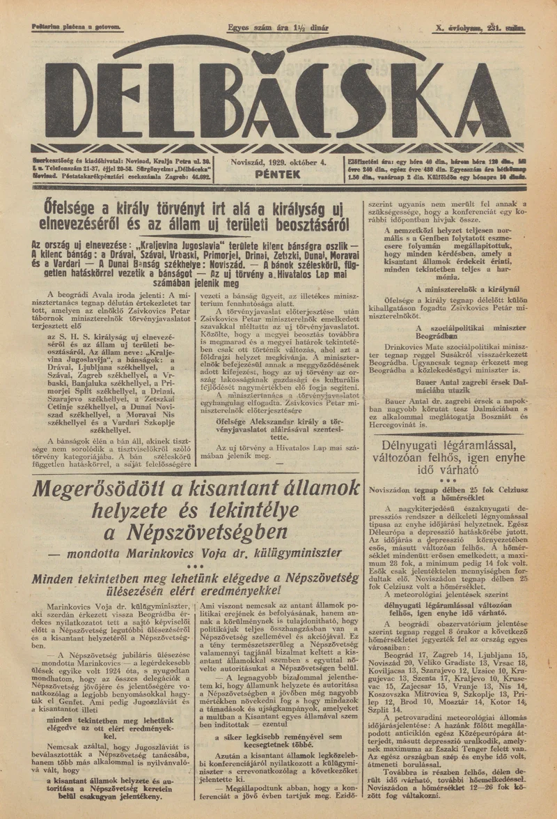 Délbácska, 10. évf. 1929. október 4. 231. sz.