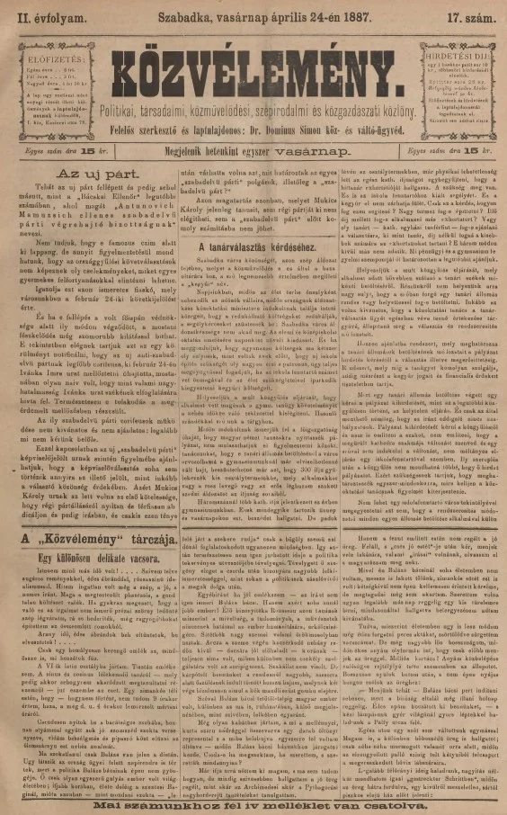Közvélemény, 2. évf. 1887. április 24. 17. sz.