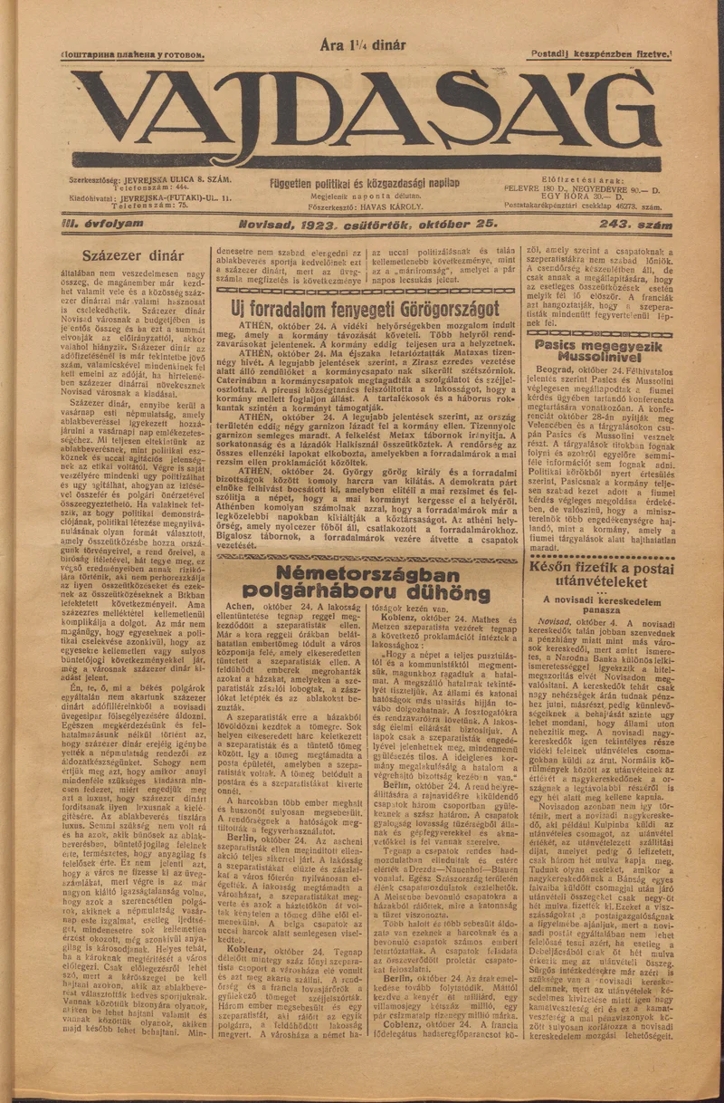 Vajdaság, 3. évf. 1923. október 25. 243. sz.