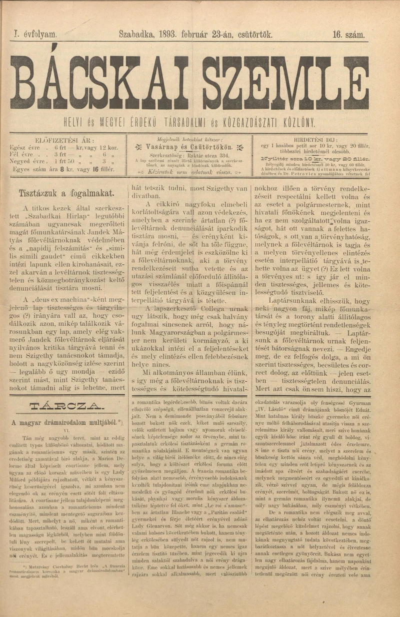 Bácskai Szemle, 1. évf. 1893. február 23. 16. sz.