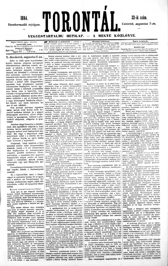 Torontál, 13. évf. 1884. augusztus 7. 32. sz.