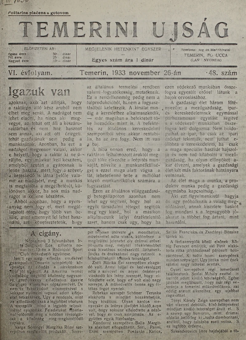 Temerini Újság 1928-1944, 6. évf. 1933. november 26. 48. sz.