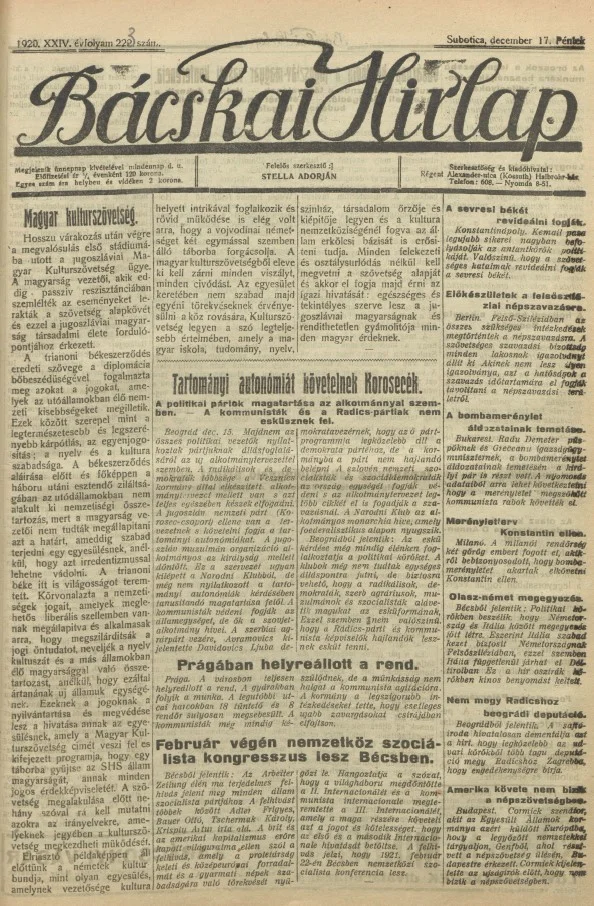 Bácskai Hirlap, 24. évf. 1920. december 17. 223. sz.