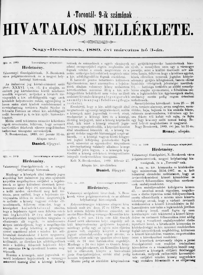 A Totontál  hivatalos melléklete, 2. évf. 1889. március 3. 9. sz.